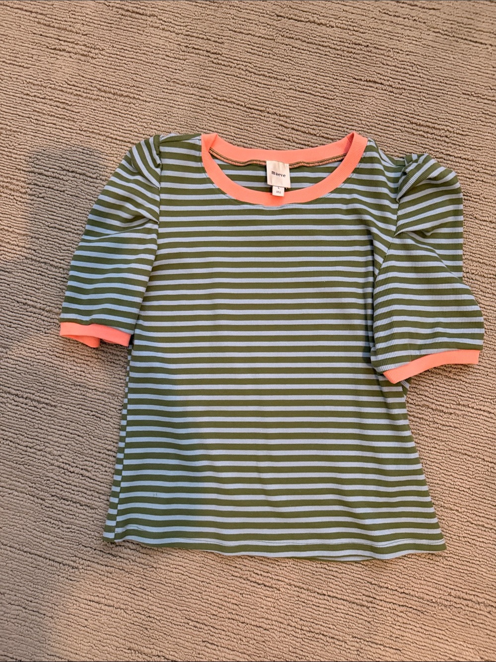 Anthropologie Maeve Olive & Light Blue Striped Tee with Coral Trim Sz L